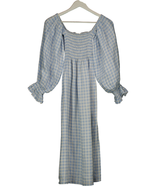 SLEEPER Atlanta Baby Blue & White Gingham Smocked Linen Midi Dress UK XS