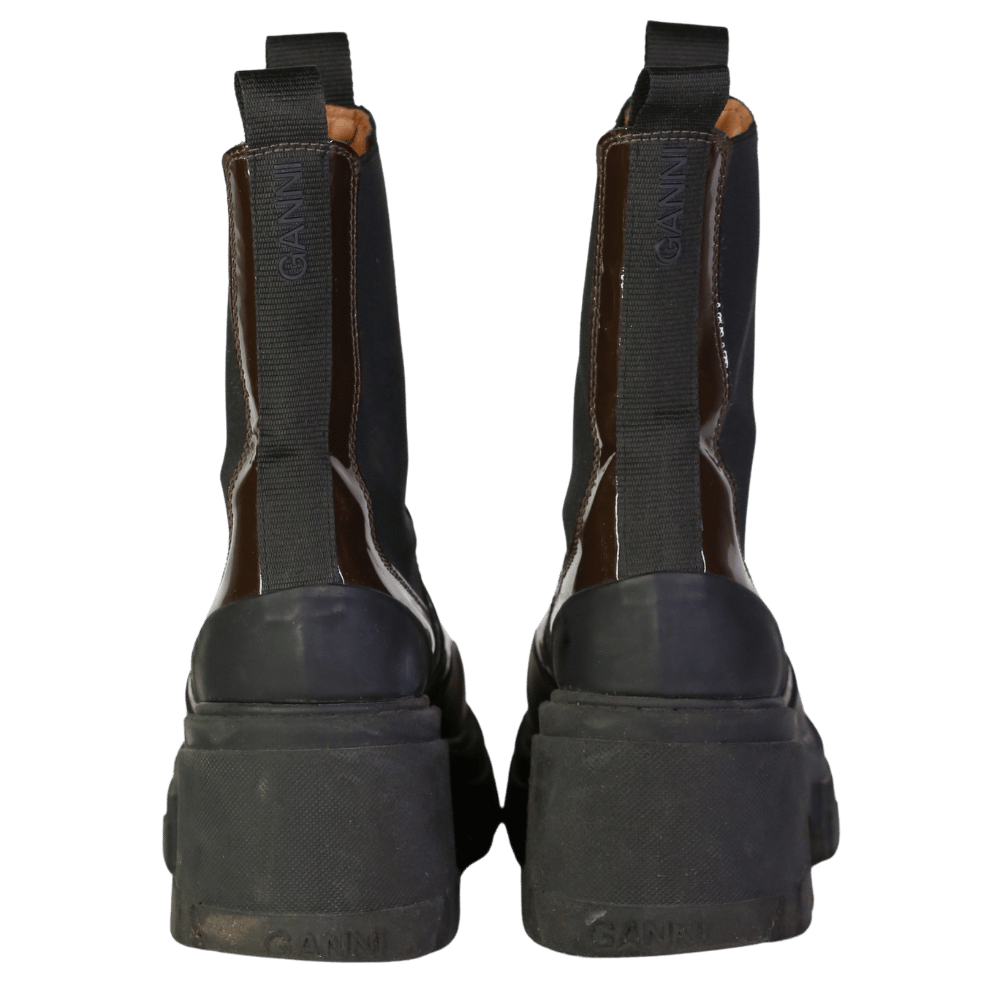 Ganni Brown Patent Chunky Heel Chelsea Boot UK 4 EU 37 👠