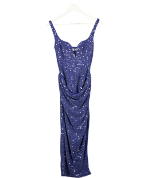Oh Polly Blue Structured Plunge Drape Fron Midi Dress With Built In Body Suit UK 8