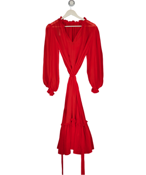 Leo Lin Red Chiffon Long Sleeve Frill Hem Midi Dress UK 6