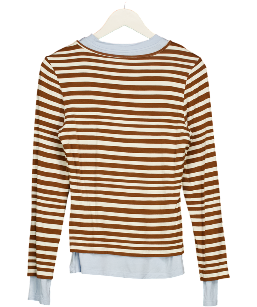 Topshop Brown & Blue Stripe Contrast Long Sleeve Top UK M