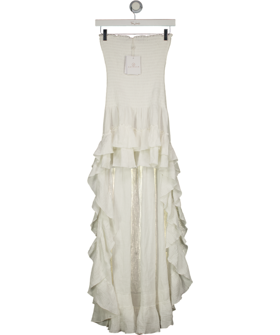 AAVELLE White 100% Cotton Shirred High Low Dress UK XS/S