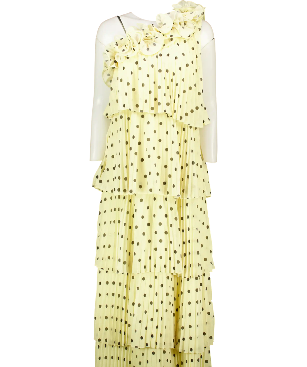 Coast Lisa Tan Pale Yellow 3d Floral Spot Print Tiered Maxi Dress UK 14