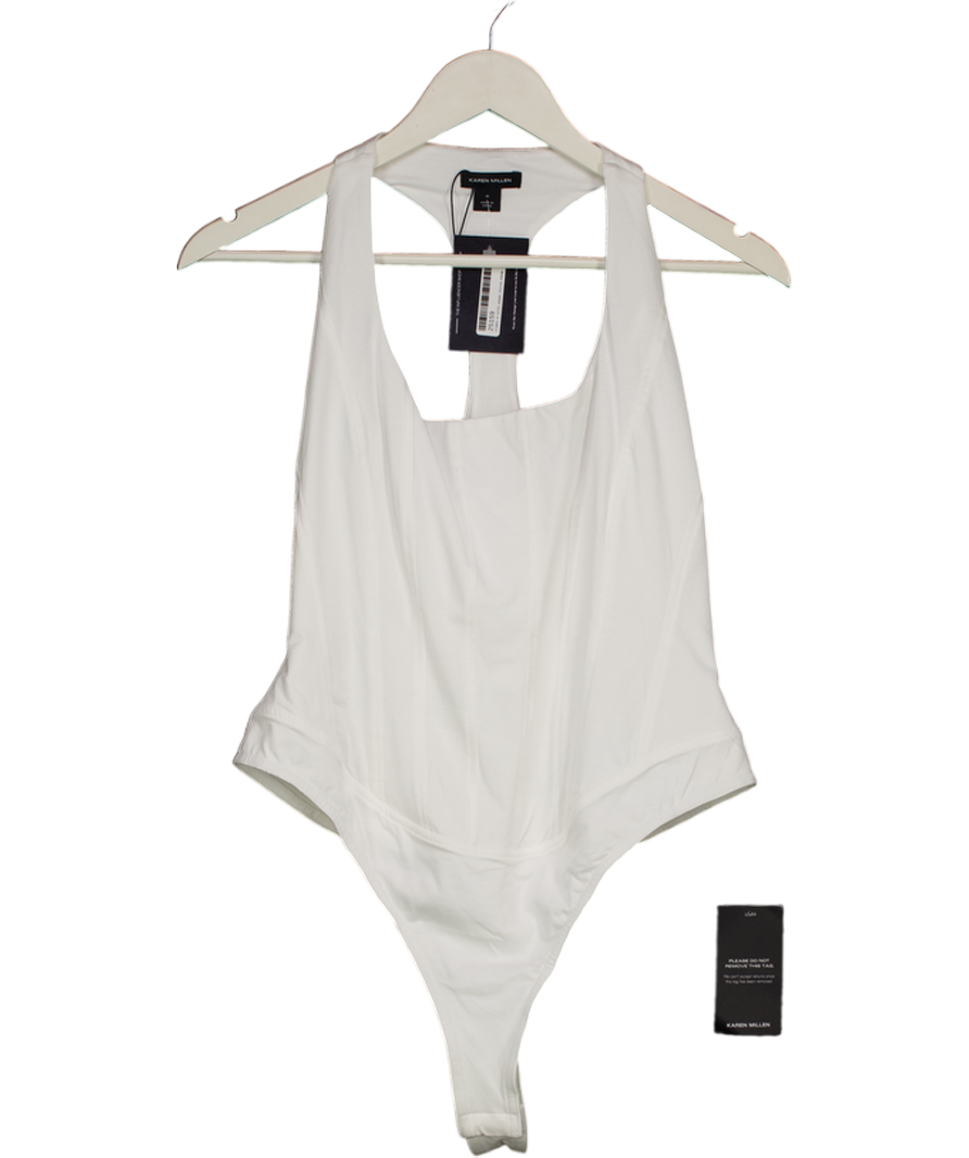 Karen Millen White Cotton Elastane Corset Detail Scoop Neck Bodysuit UK M