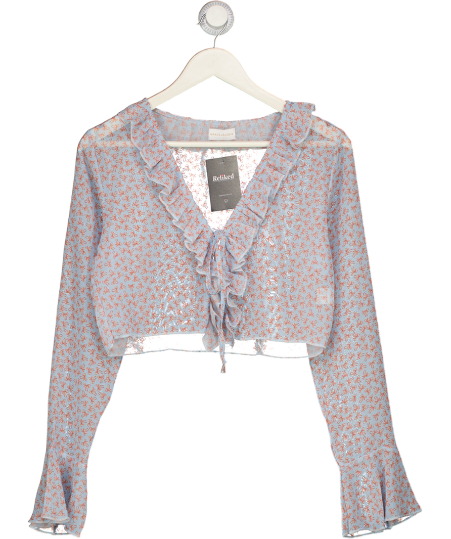 GRACE JACOBS Blue Bow-print Cropped Mesh Shirt UK M