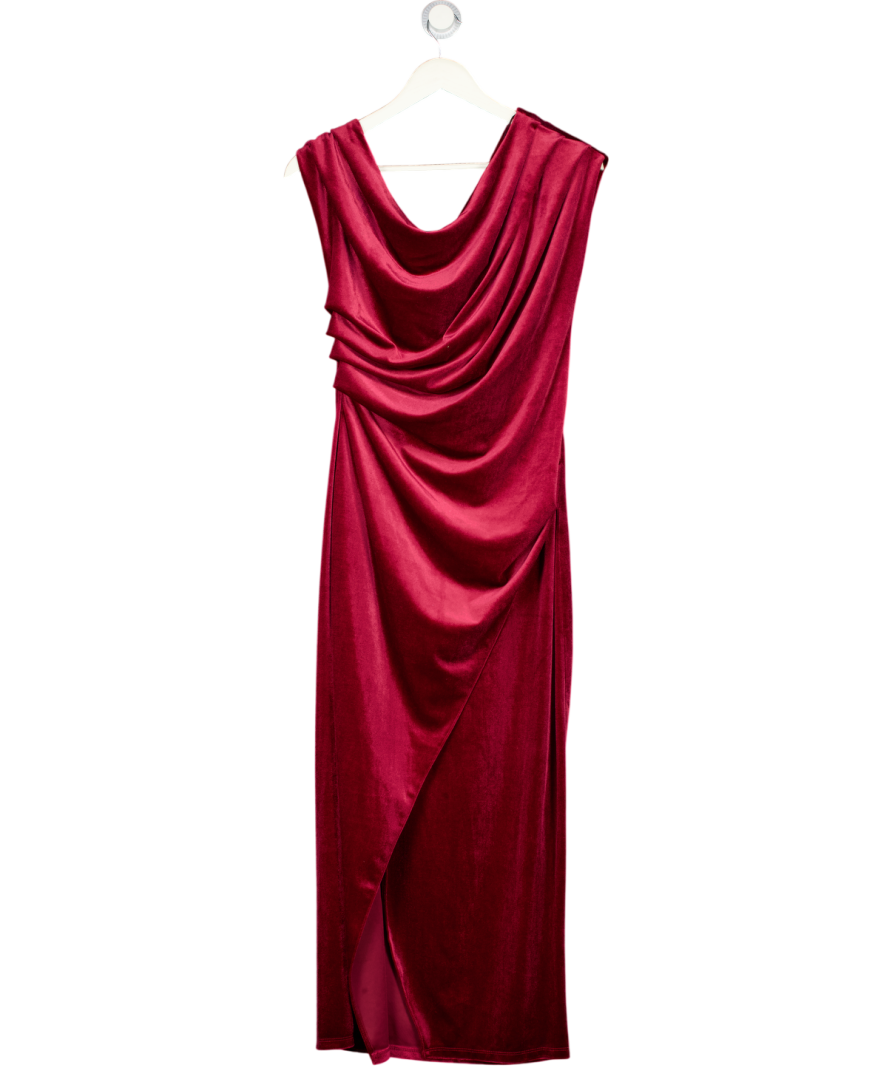 RIVER ISLAND Velvet Drape Off Shoulder Column Dress In Dark Red UK 12