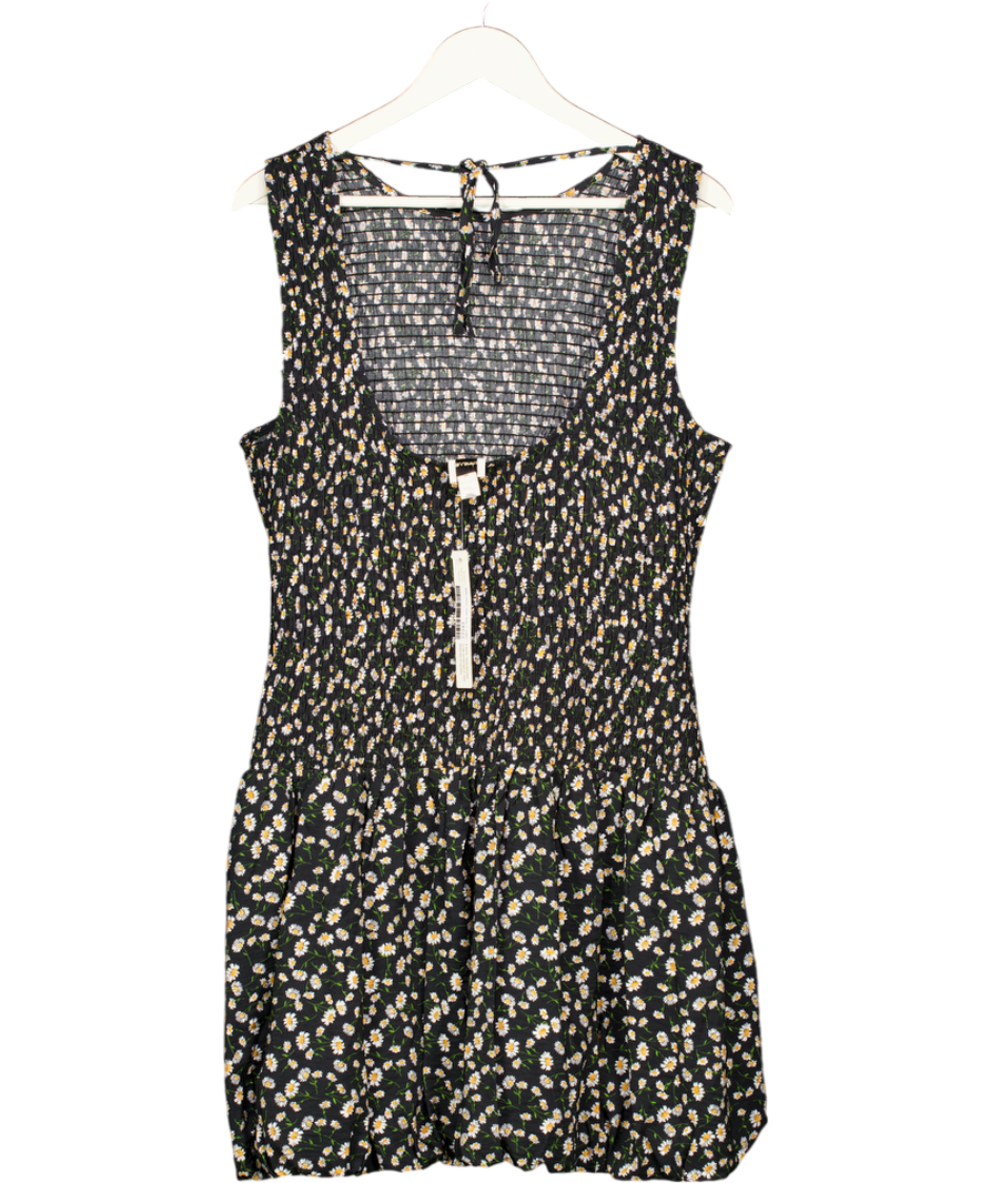 ANTHROPOLOGIE Maeve Black Daisy Print  Shirred Bubble Hem Mini Dress UK XL