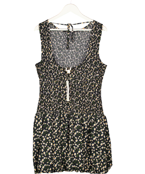 ANTHROPOLOGIE Maeve Black Daisy Print  Shirred Bubble Hem Mini Dress UK XL