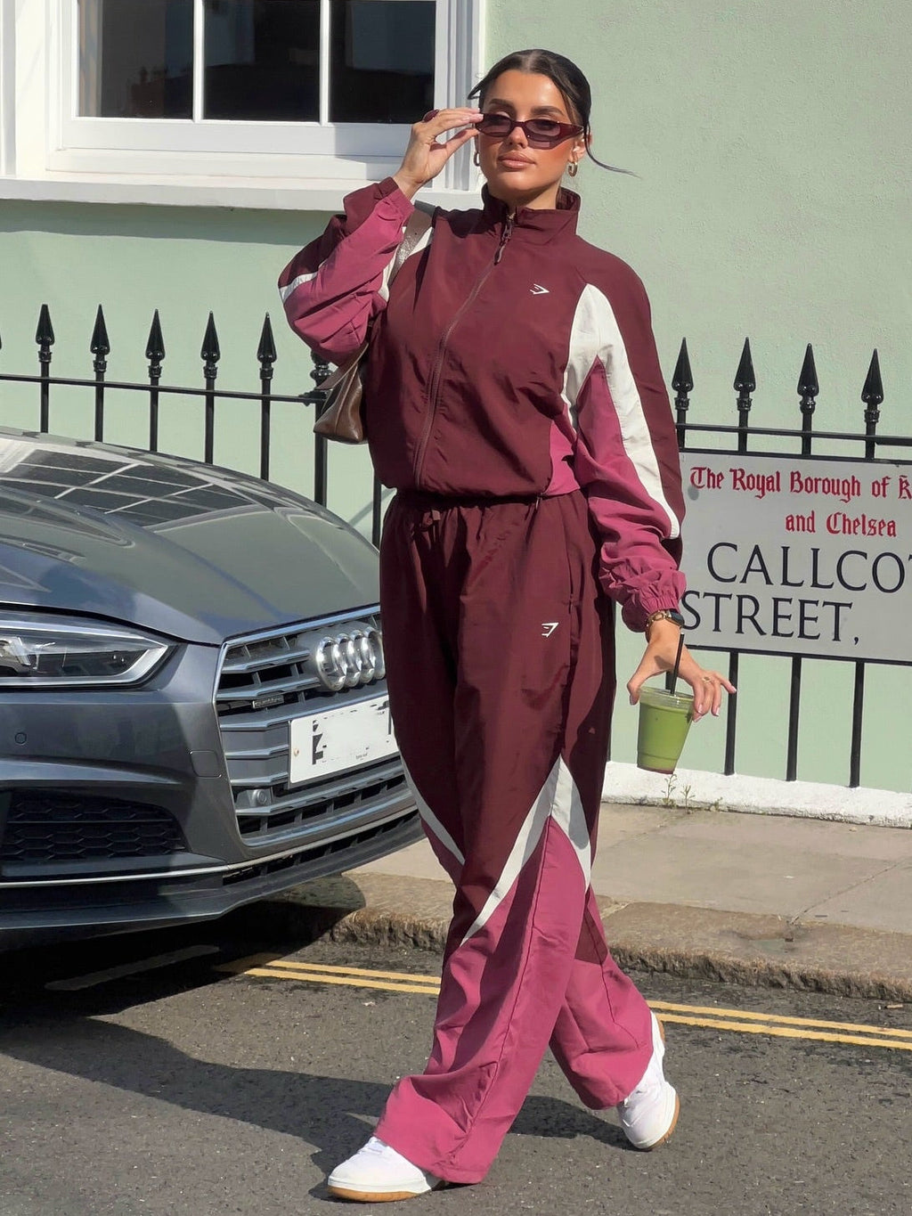 GYMSHARK 2-piece Maroon / Pink /white Contrast Woven Jacket And Straight Leg Track Pants Set UK S