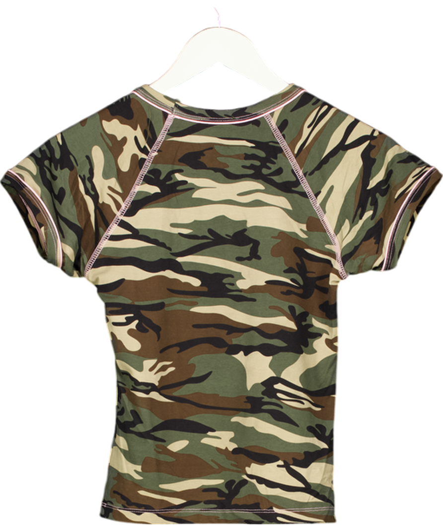White Fox Green Face Card Baby Tee Camo Print UK S