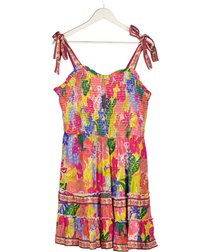 FIGLEAVES Multicoloured Floral Shirred Tie Shoulder Mini Dress UK 22