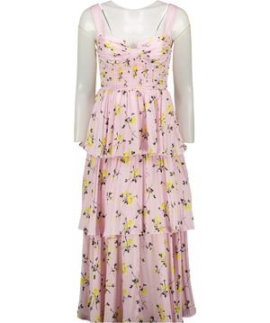 SELF PORTRAIT Blush Pink Floral-print Pleated Satin Midi Dress UK 6