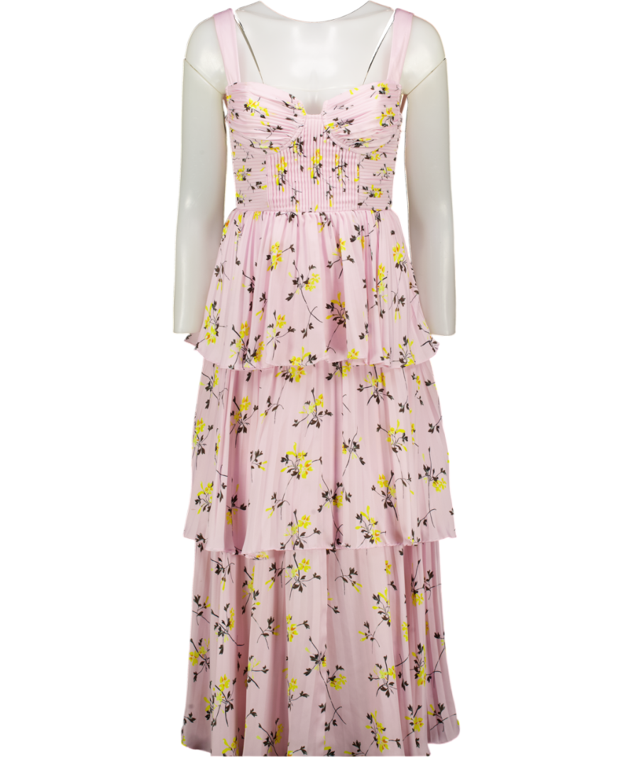 SELF PORTRAIT Blush Pink Floral-print Pleated Satin Midi Dress UK 14