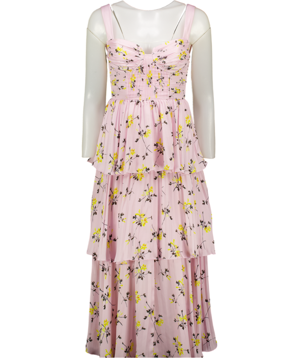 SELF PORTRAIT Blush Pink Floral-print Pleated Satin Midi Dress UK 14