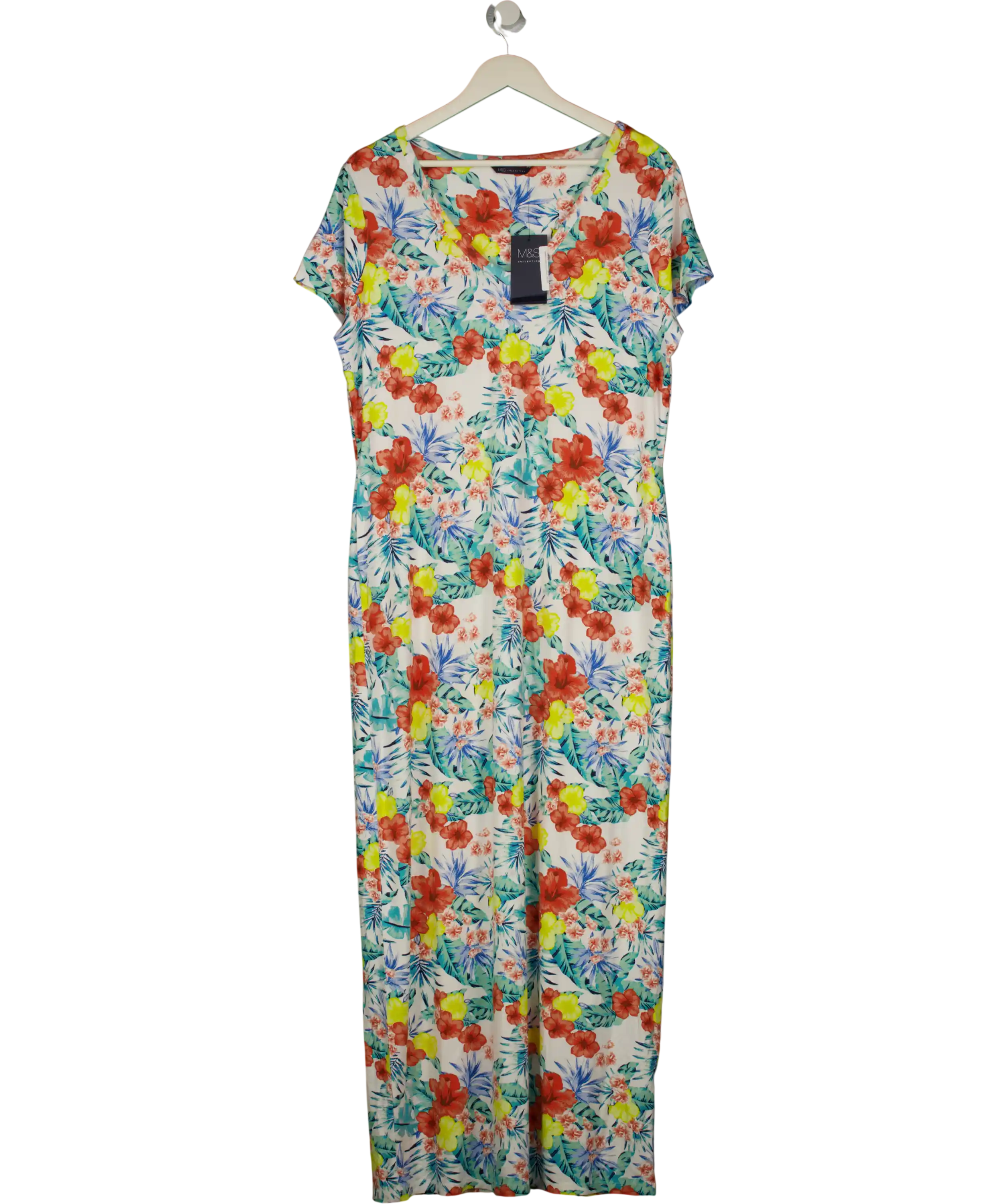 M&S White Collection Tropical Floral V-neck Midi Dress UK 18