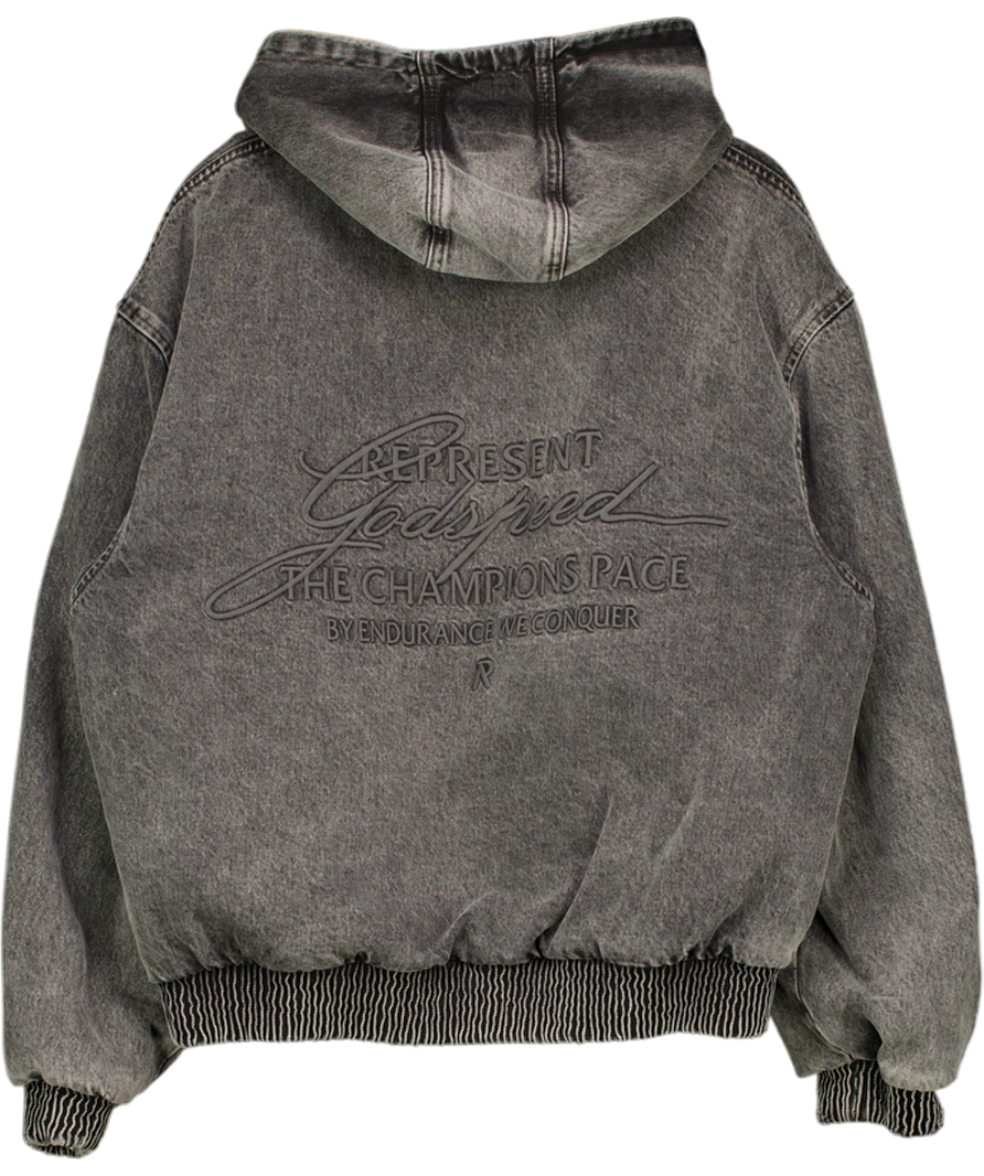 REPRESENT Grey R5 Hooded Denim Bomber UK M