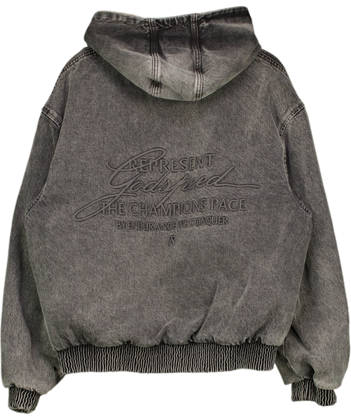 REPRESENT Grey R5 Hooded Denim Bomber UK M