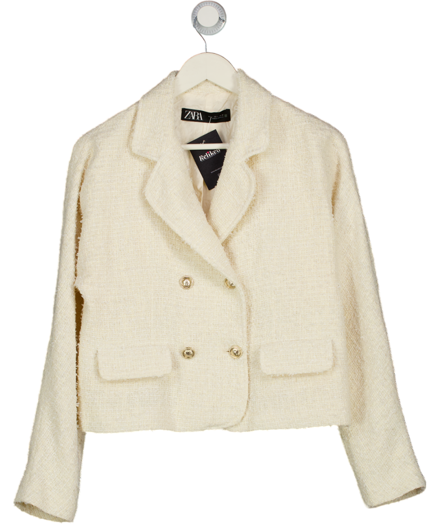 ZARA Cream Tweed Double Breasted Cropped Blazer UK L