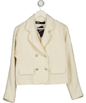 ZARA Cream Tweed Double Breasted Cropped Blazer UK L