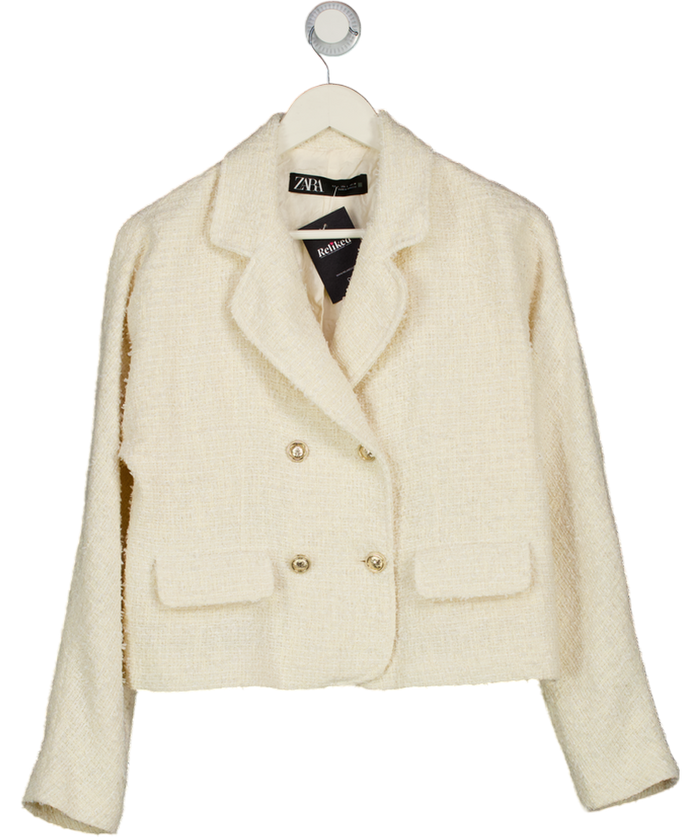 ZARA Cream Tweed Double Breasted Cropped Blazer UK L
