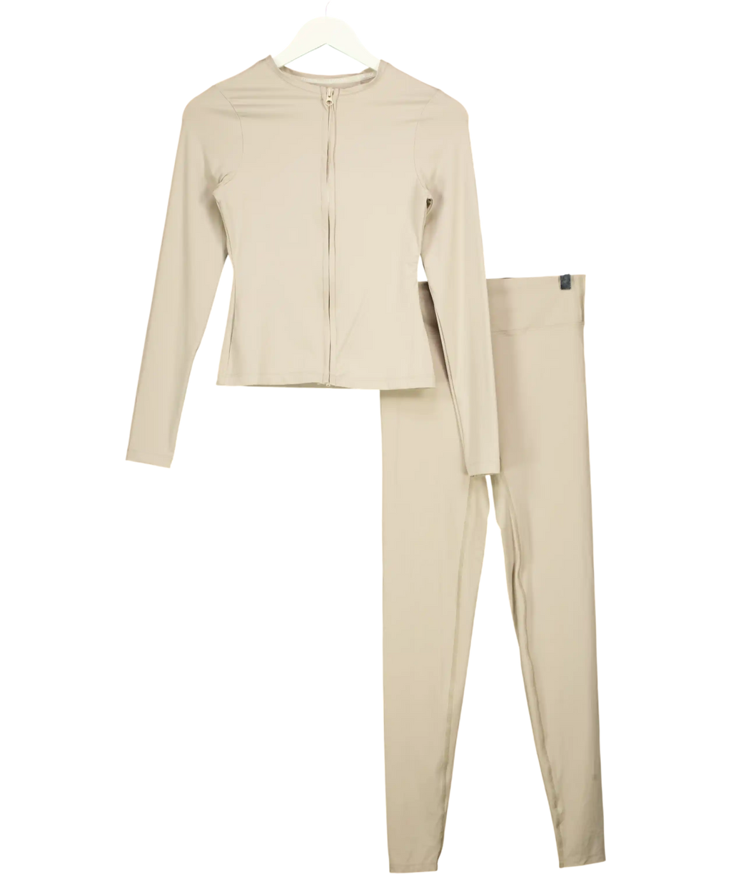 LOUNGE 2-piece Beige Activewear Long Sleeve Zip Top And Leggings Set UK M