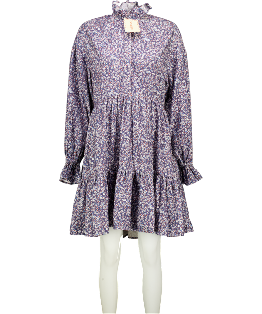 Seraphina Blue Floral Cord Tiered High Neck Mini Dress UK S