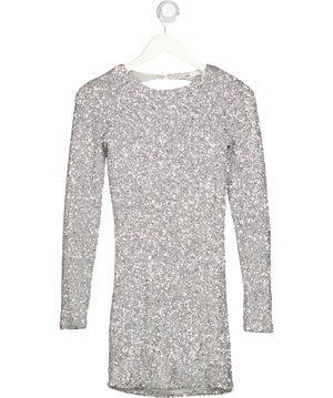 ZARA Metallic Silver Sequin Open Back Long Sleeve Mini Dress UK S