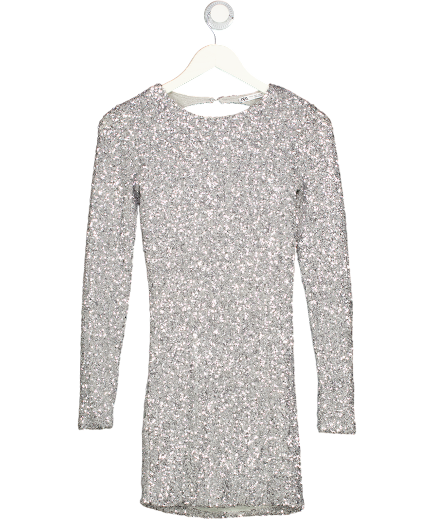 ZARA Metallic Silver Sequin Open Back Long Sleeve Mini Dress UK S