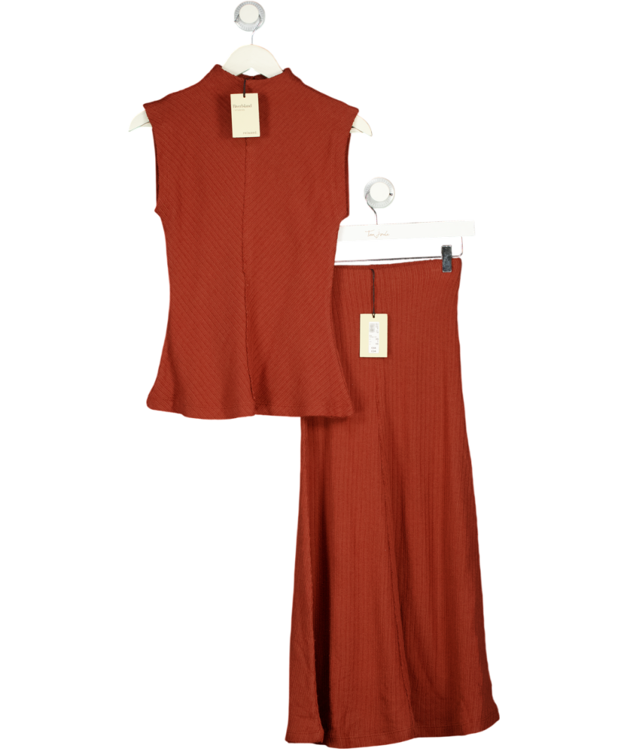 RIVER ISLAND 2-piece Brown Textured Grown On Neck Top & Skirt Set UK XS