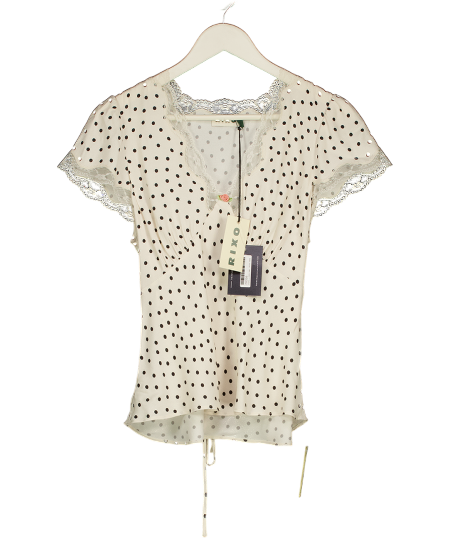 RIXO Layla Ivory / Black Dot Karia Lace Trim Top UK 12