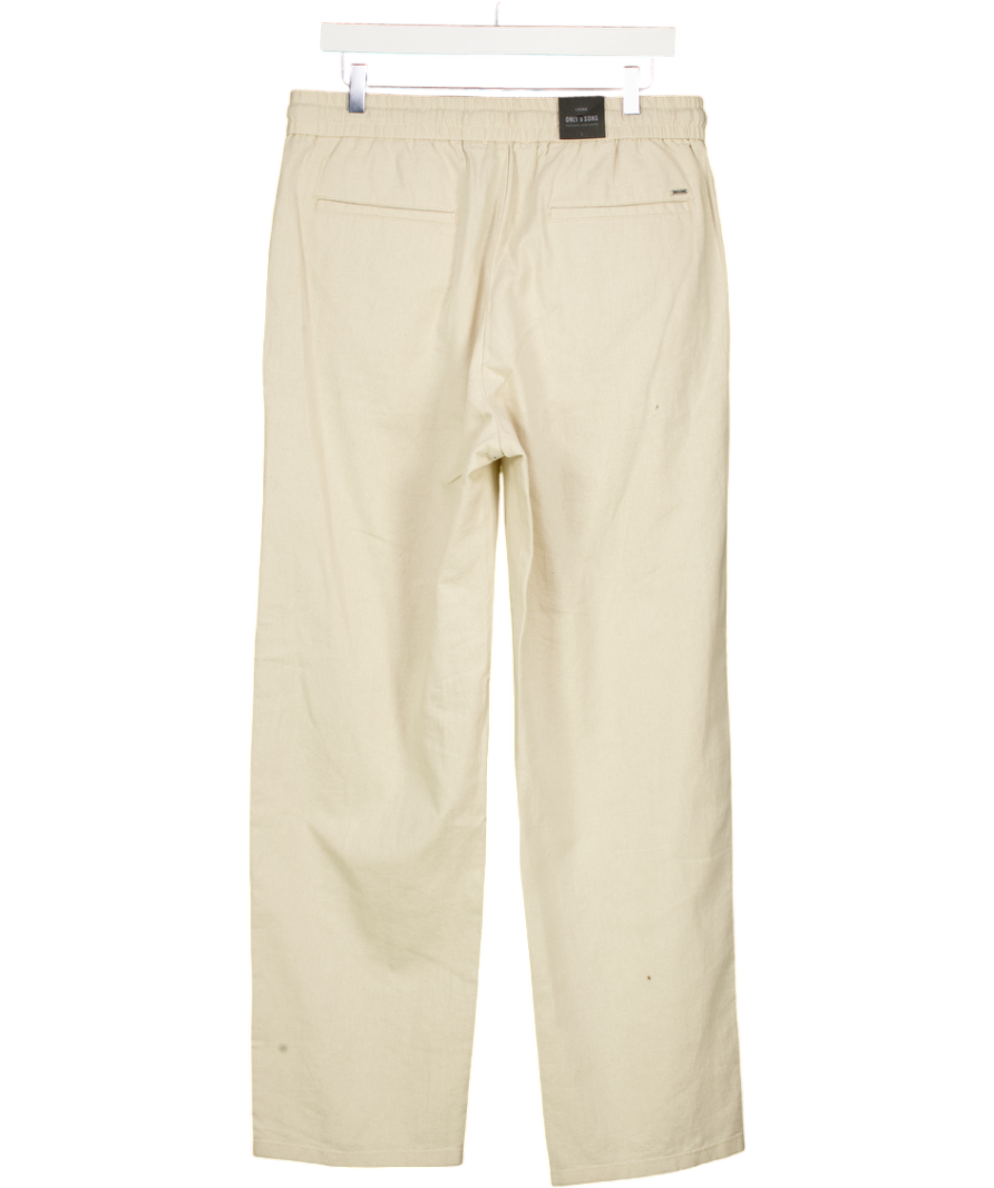 ONLY & SONS Beige Drawstring Casualcotton / Linen Blend  Trousers UK L