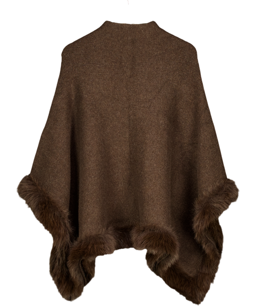 ZARA Chocolate Brown Faux Fur Knit Poncho Cape UK M