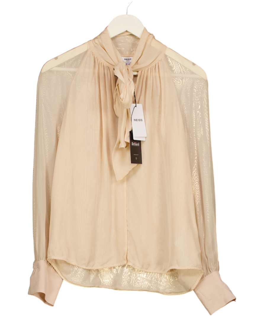 REISS Tina Silk-blend Chiffon Tie-neck Blouse In Pale Pink UK 8