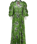 byTIMO Green Puff Sleeve Plissé Maxi Dress In "Green Roses" UK M