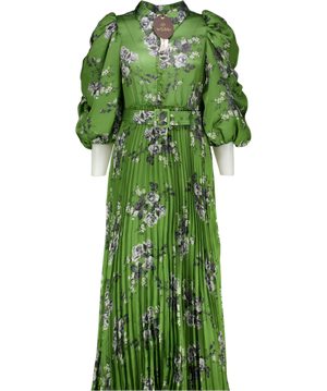byTIMO Green Puff Sleeve Plissé Maxi Dress In "Green Roses" UK M
