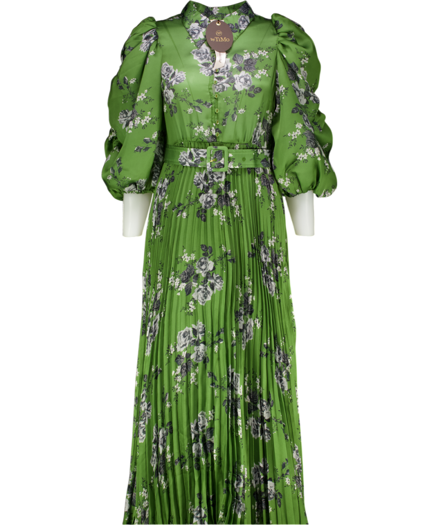 byTIMO Green Puff Sleeve Plissé Maxi Dress In "Green Roses" UK M