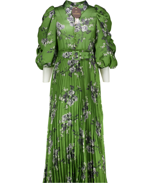 byTIMO Green Puff Sleeve Plissé Maxi Dress In "Green Roses" UK M