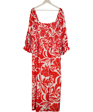 NEW LOOK Red Floral Linen Blend Shirred Maxi Dress UK 22