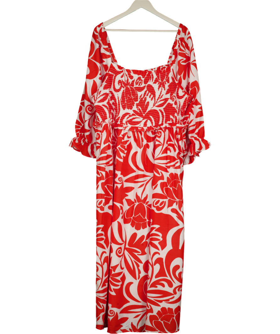 NEW LOOK Red Floral Linen Blend Shirred Maxi Dress UK 22