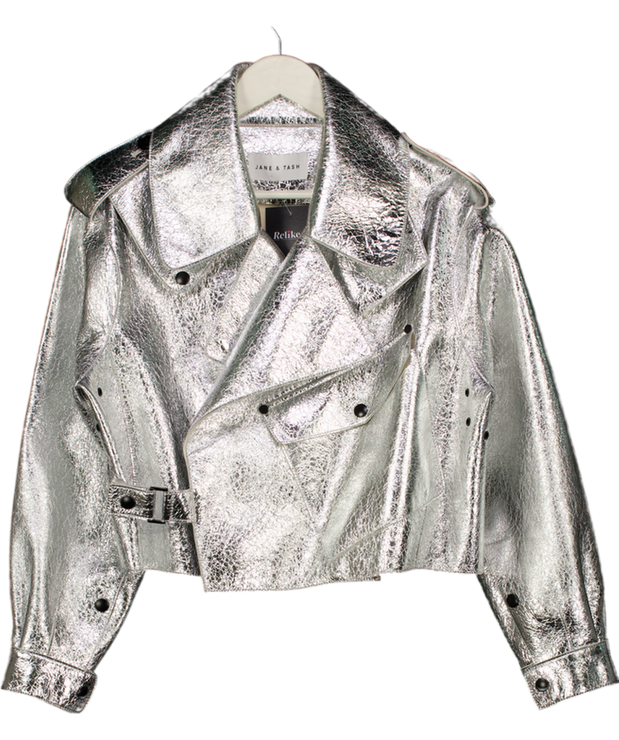 JANE & TASH Metallic Silver Oversize Leather Jacket UK S
