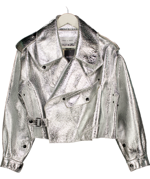 JANE & TASH Metallic Silver Oversize Leather Jacket UK S