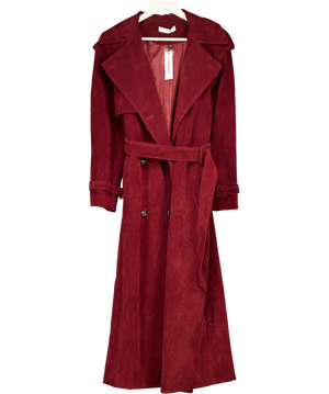 Commense Red Belted Double-breasted Suede Effect Long Trench Coat UK S