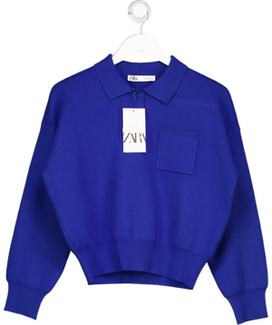 ZARA Blue Knit Polo Shirt With Pocket UK S