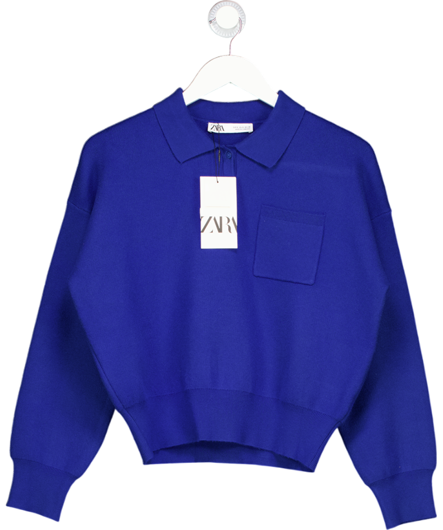ZARA Blue Knit Polo Shirt With Pocket UK S