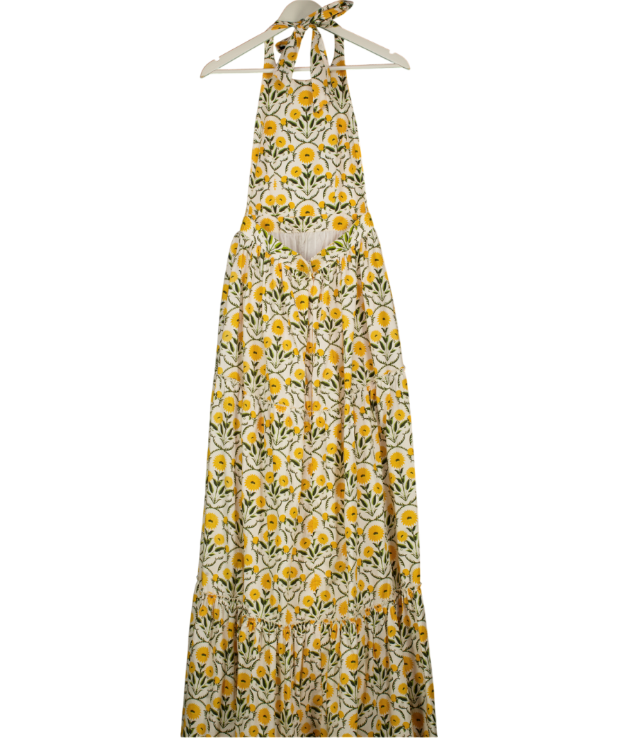 AGUA BY AGUA BENDITA Yellow Naranja Floral Cotton Poplin Maxi Halter Dress UK S
