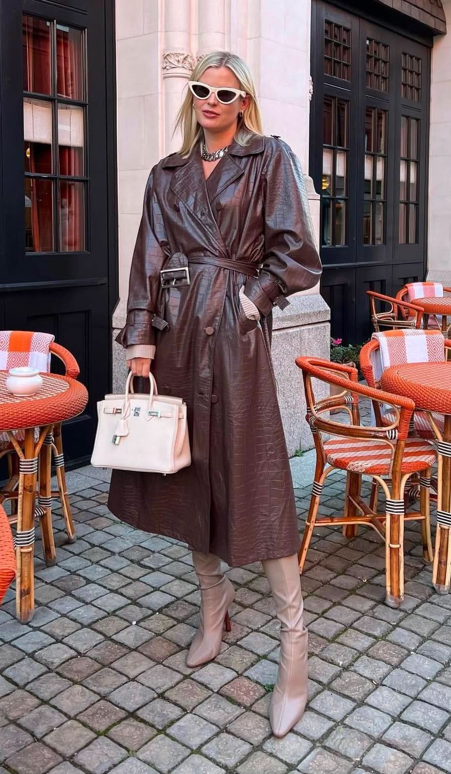 Aeryne Brown Vegan Leather Croc Print Trench Coat UK M