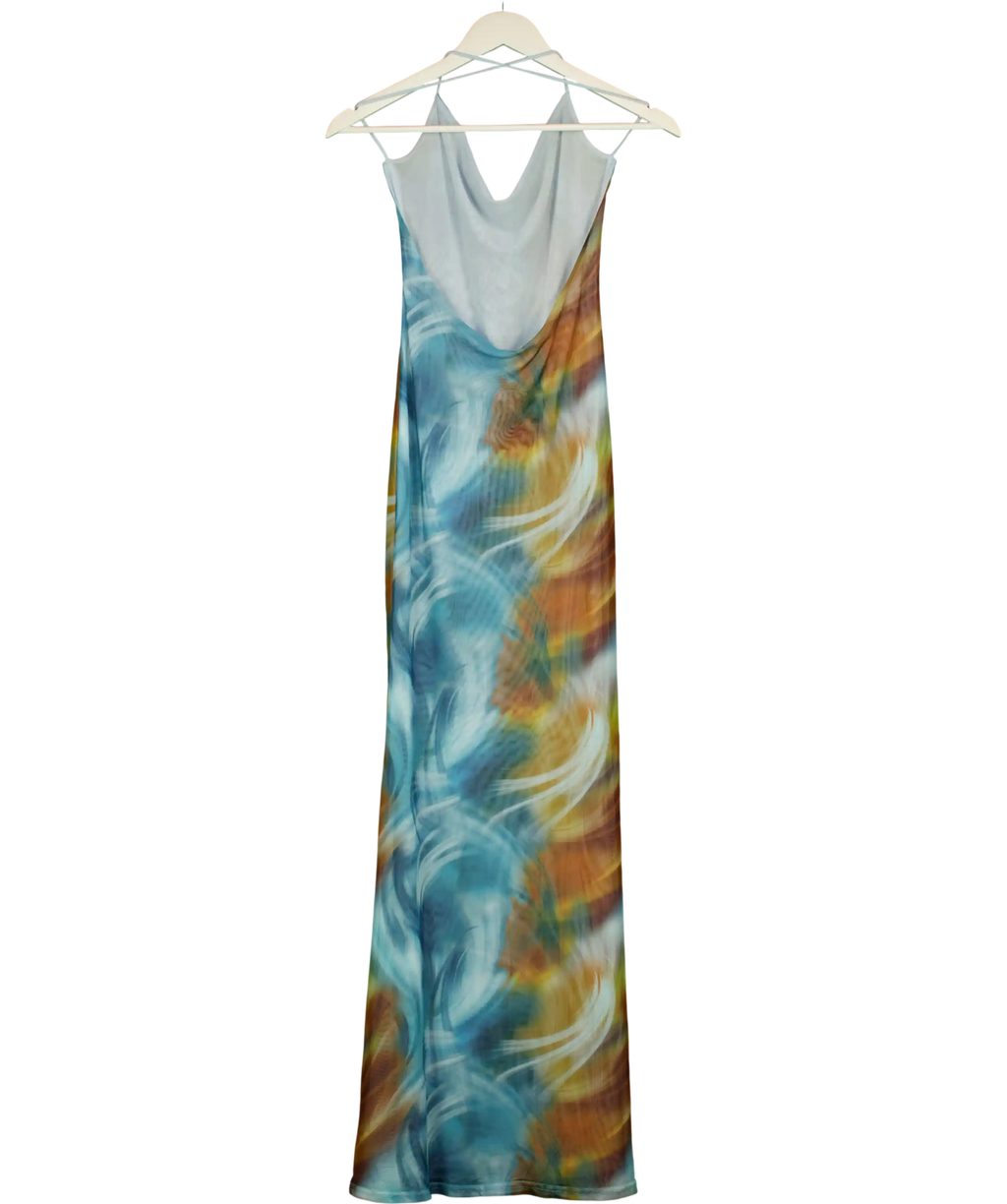 GRACE JACOB Blue & Brown Printed Mesh Backless Halter Neck Dress UK XS