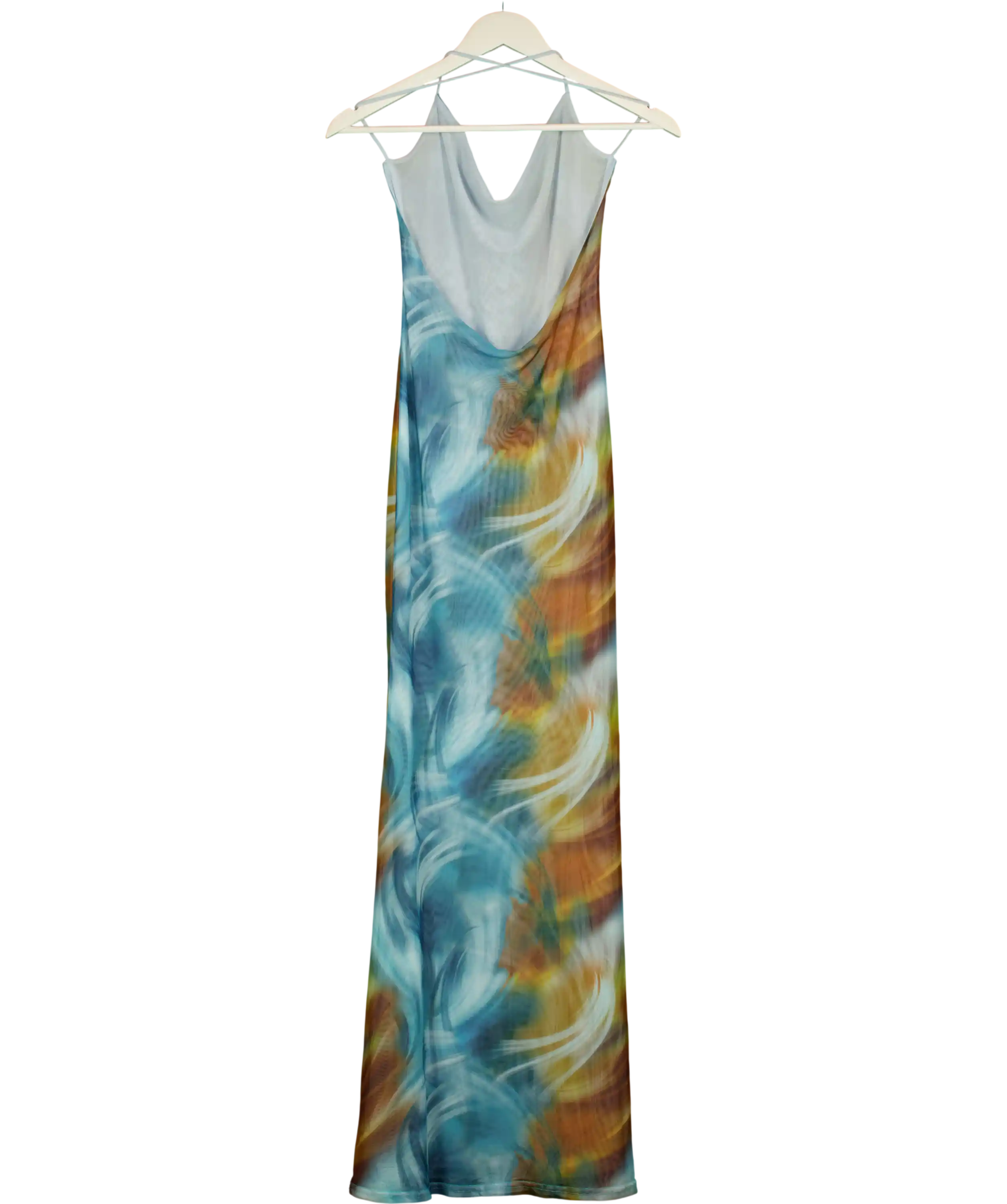 GRACE JACOB Blue & Brown Printed Mesh Backless Halter Neck Dress UK XS