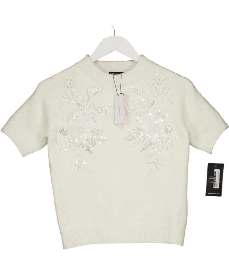 Karen Millen Cream Archive Floral Embellished Cosy Wool Blend Top UK XS