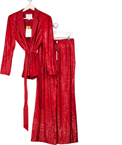 LK Bennett Shimmer Sequin Red Belted Jacket And Wide Leg Trousers UK 10